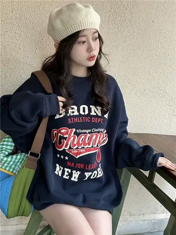 白色卫衣女秋冬季宽松套头洋气小个子加绒加厚美式无帽上衣潮ins商品大图