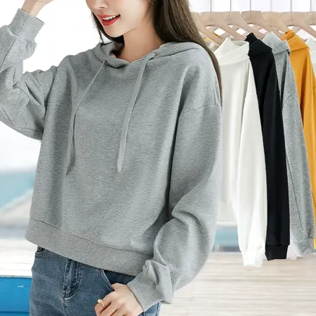 灰色春秋常规基础短款套头带连帽子卫衣女小个子修身单件打底衫薄图片