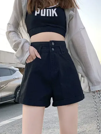 清仓捡漏黑色高腰显瘦a字牛仔短裤女2023年夏季超火阔腿热裤ins商品大图