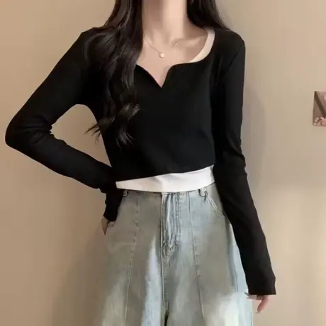 假两件德绒磨毛长袖T恤女秋季修身显瘦短款小个子V领打底衫上衣服图片