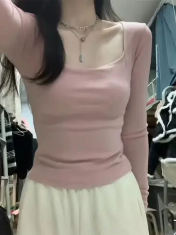 方领打底衫女秋冬内搭辣妹纯欲风长袖t恤显瘦修身保暖德绒上衣ins商品大图