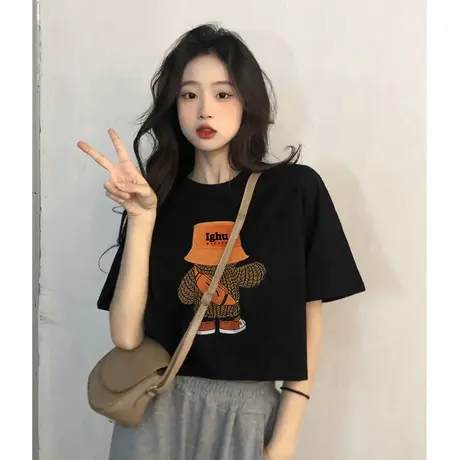 辣妹风正肩短袖t恤女纯棉夏季2023新款韩系内搭露脐短款上衣ins潮商品大图