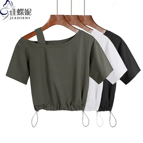 夏季新款斜领性感宽松纯棉纯色短款纯欲抽绳短袖体恤上衣女打底衫图片