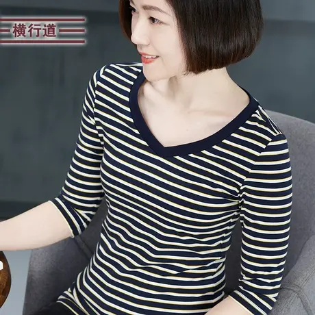 2023秋装v领条纹七分袖T恤女大码中年妈妈中袖女装半截袖上衣体恤商品大图