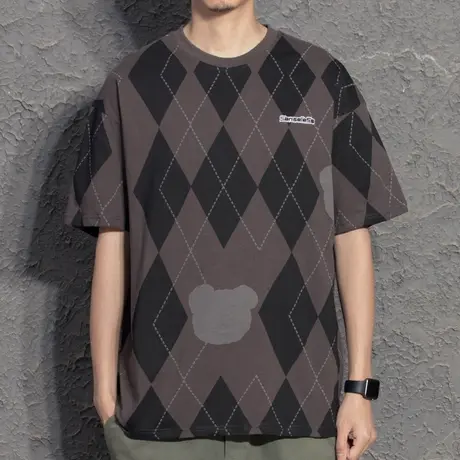 奕飏ins原宿风菱形格子韩版满印短袖T恤男潮牌街头bf宽松休闲体恤图片