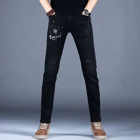2023男士百搭新款牛仔裤男黑色修身时尚烫钻花小脚裤百搭男潮牌裤图片