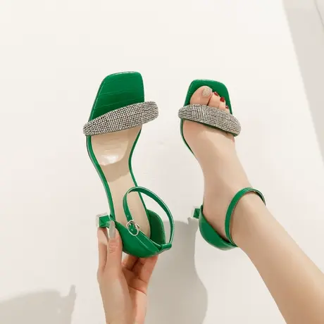 2022年夏季新款性感少女水钻高跟鞋女细跟百搭一字带露趾气质凉鞋商品大图