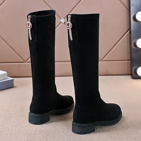 2023冬季新款加绒不过膝靴子平底保暖高筒中筒长靴骑士靴女绒面靴图片