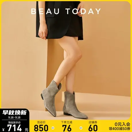 BeauToday短靴女2023新款春秋单靴BT西部牛仔靴瘦瘦靴女真皮踝靴图片