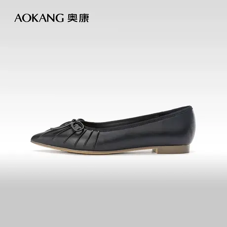 奥康女鞋 2023春秋季新款时尚尖头褶皱蝴蝶结浅口一脚蹬平底单鞋商品大图
