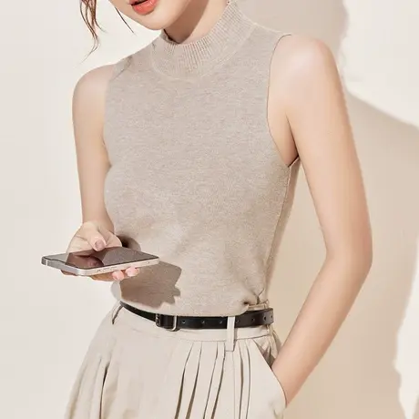半高领针织衫吊带背心女2023春秋新款修身打底无袖螺纹上衣夏内搭商品大图