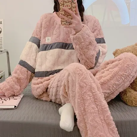 珊瑚绒睡衣女秋冬2023新款套头冬款法兰绒女士家居服冬季加绒加厚商品大图