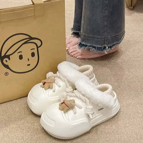 可拆卸加绒洞洞鞋女冬季包跟厚底外穿卡通可爱小熊室内保暖棉拖鞋商品大图