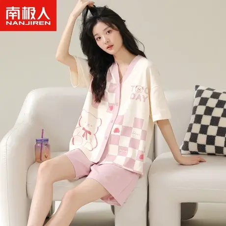 南极人睡衣女夏季纯棉短袖短裤套装2023年新款日系少女格子家居服图片