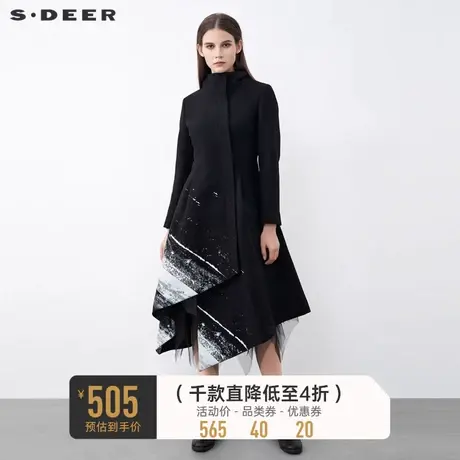 sdeer圣迪奥女装休闲高领泼墨印花不规则长款毛呢大衣S21481820图片