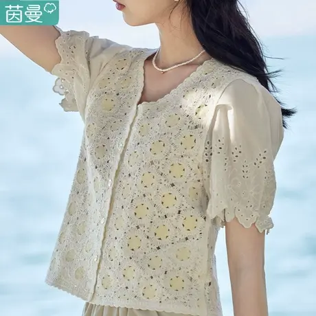 茵曼镂空开衫针织外套春季女款单穿上衣2023夏季新款短款气质小衫图片