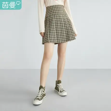 茵曼百搭女2023春季新款格子百褶学院风复古百搭色织格a字半身裙图片