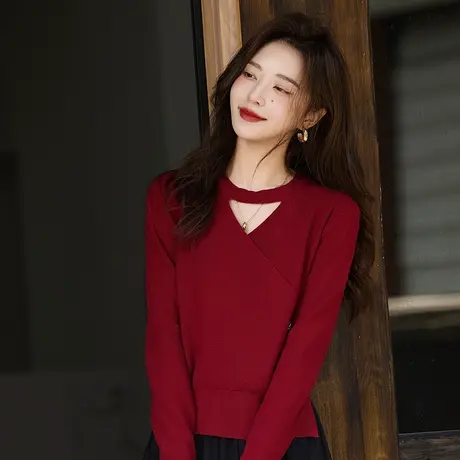 时尚气质温柔2023年秋季新款修身女士长袖套头镂空百搭针织毛衣商品大图