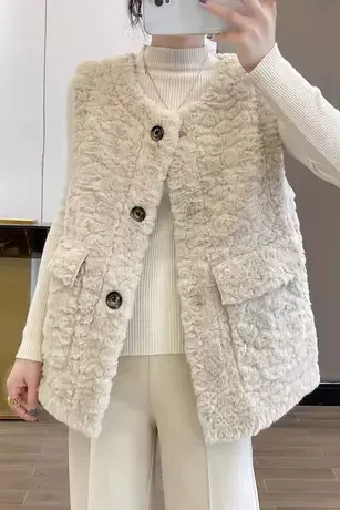 小香风羊羔毛马甲女短款秋冬季新款韩版宽松外穿皮毛一体背心外套商品大图