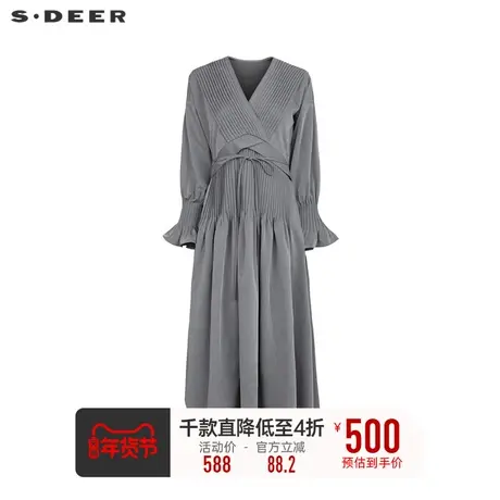 sdeer圣迪奥女装V领风琴褶拼接长袖连衣裙S233Z12V2图片