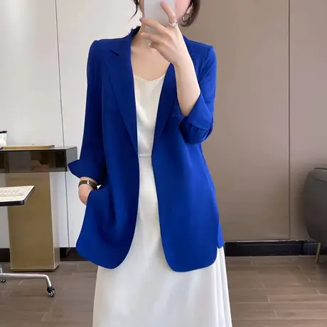 雪纺小西装外套女春夏薄款2023韩版宽松开叉中长款九分袖西服上衣商品大图