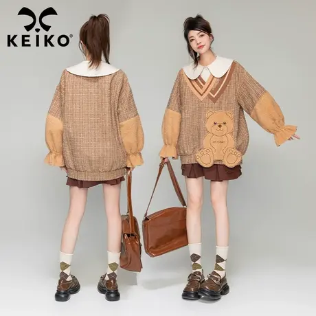 KEIKO小众设计粗花呢卫衣2023秋冬可爱绣花小熊羊羔毛拼接V领外套商品大图