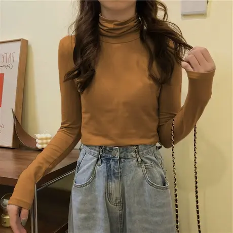 半高领加绒打底衫女秋冬新款2023黑色内搭长袖t恤洋气上衣女春秋图片