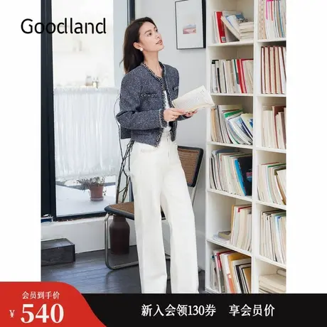 Goodland美地秋季高织棉手工钉珠直筒长裤通勤牛仔裤商品大图