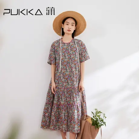 蒲PUKKA 法式浪漫纯棉印花宽松休闲圆领短袖连衣裙24夏季新品图片