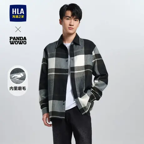 HLA/海澜之家panda wowo宽松潮外套衬衫秋冬磨毛格子厚通勤衬衣男图片