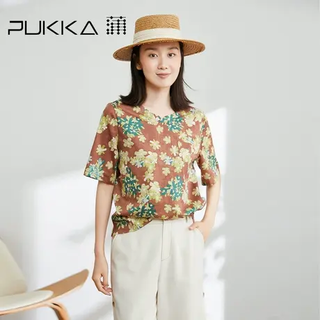 蒲PUKKA中式圆领衬衫女2023春季新款原创设计感法式印花衬衣图片