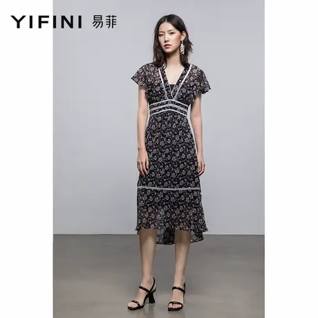 Yifini/易菲法式浪漫碎花连衣裙女夏季新款短袖深V领复古长裙图片