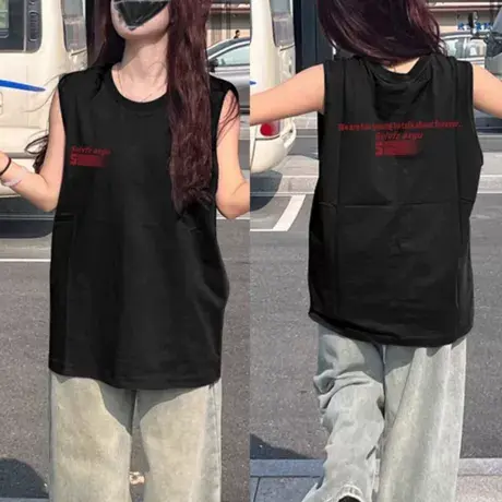纯棉港风吊带坎肩背心无袖t恤女2025新款夏季外穿宽松篮球服上衣图片