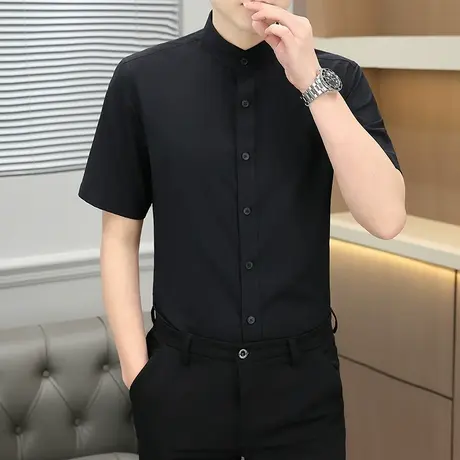 夏季白衬衫男士商务休闲立领衬衣中青年黑寸衣高级感上衣薄款正装商品大图