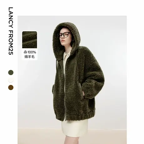 朗姿欧洲EiLEEN ELITEE纯羊毛连帽短款外套女2024冬季新款仿皮草图片