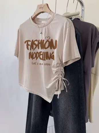 hiphop街头风女装体恤夏季辣妹不规则T恤上衣ins抽绳设计短款短袖图片