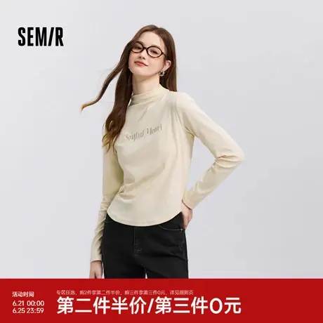 森马长袖T恤女半高领字母修身软糯上衣时尚女士春刺绣套头衫潮流图片