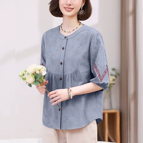 女士衬衫短袖夏季新款宽松加肥加大码中年妈妈民族风文艺休闲衬衣商品大图
