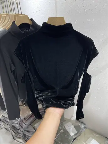 半高领金丝绒短款短袖拼接长袖T恤女2023秋新款洋气褶皱修身上衣图片