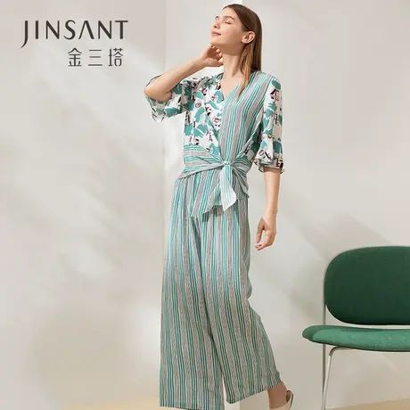 金三塔2020春夏新品 真丝印花条纹时尚上衣条纹印花睡裤家居裤商品大图