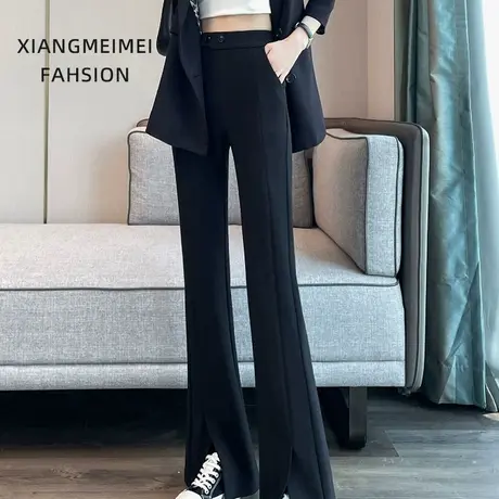 开叉西装微喇裤女裤子春秋新款2024高腰显瘦喇叭裤弹力黑色垂感图片