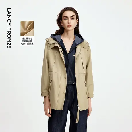 朗姿时尚绵羊毛休闲工装风外套女连帽风衣女2025年冬季新款图片