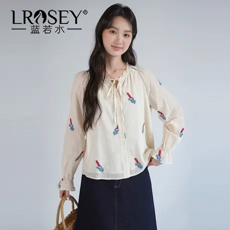 蓝若水大码女装温柔风V领刺绣衬衫2025秋装新款甜美荷叶袖上衣YL商品大图
