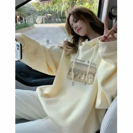 杏色连帽卫衣女宽松薄款2025新款爆款美式中长款加绒加厚上衣外套商品大图