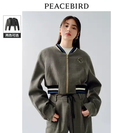 太平鸟美式复古短款棒球服女2023秋装新款时尚细格纹棒球夹克外套图片