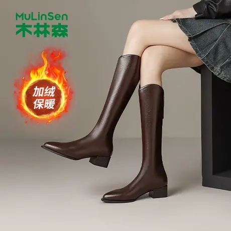 木林森女鞋2025新款冬季头粗跟尖头骑士靴女士百搭高筒靴加绒长靴图片