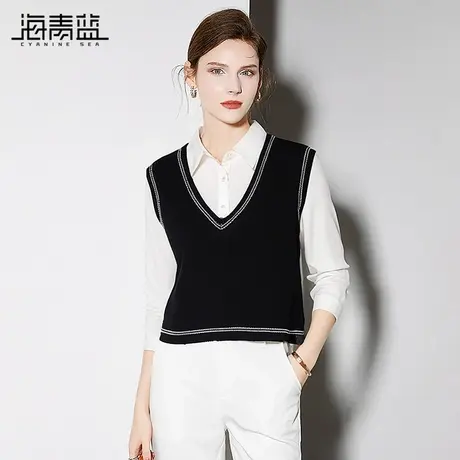 海青蓝百搭v领背心马甲2024早秋新款学院风无袖毛衣坎肩针织衫女图片