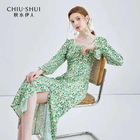 【晶晶姐妹专享】秋水伊人法式方领印花连衣裙女装显瘦油画裙子图片