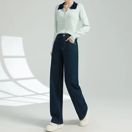 窄版阔腿直筒牛仔裤女2025秋季新款高腰宽松显瘦垂感藏蓝色长裤子商品大图