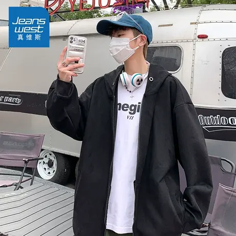 KZH真维斯黑色长袖外套男秋冬新款宽松连帽卫衣潮牌时尚休闲上衣图片